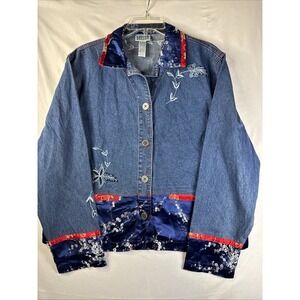 Chico's Design Embroidered Denim Jacket Women's 2 Blue Brocade Velvet Trim